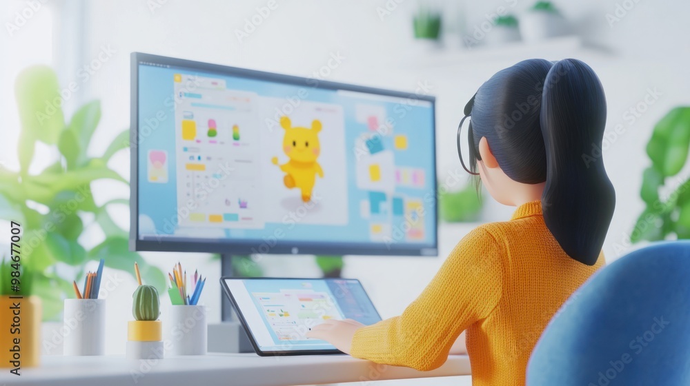 Poster a person designing a cartoon character on a computer in a bright workspace.