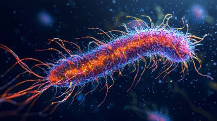 Artistic rendering of a microbe with pili and flagella. Dark background enhances vibrant colors.