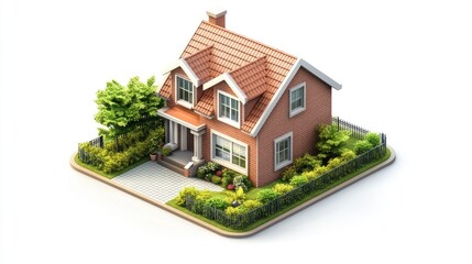 A detailed model of a charming house surrounded by greenery and a well-kept garden.