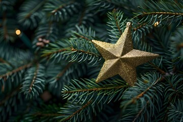 Sparkling Gold Star Ornament on a Festive Evergreen Tree