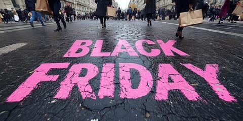 A close-up of a pink Black Friday inscription on the asphalt against a background of blurred people with colorful bags. The concept of discounts and sales