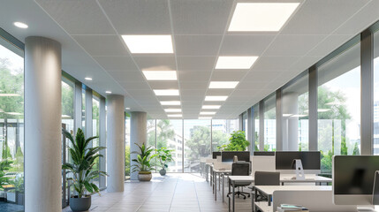 A bright, eco-friendly office space with energy-efficient LED panels on the ceiling, providing ample light while reducing energy consumption, with employees working comfortably