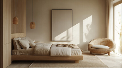 Photo interior modern design room 3d illustration, A minimalist bedroom with light wood accents and a focus on simplicity and functionality.
