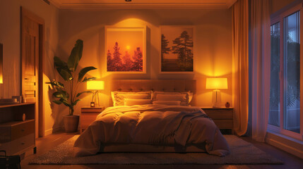 A bedroom illuminated by dimmable bedside lamps, casting a gentle glow that enhances relaxation and prepares the mind for restful sleep
