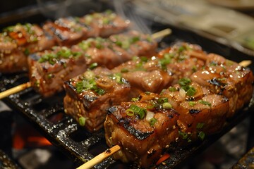 Delicious Grilled Skewers with Green Onions on a Barbecue Grill