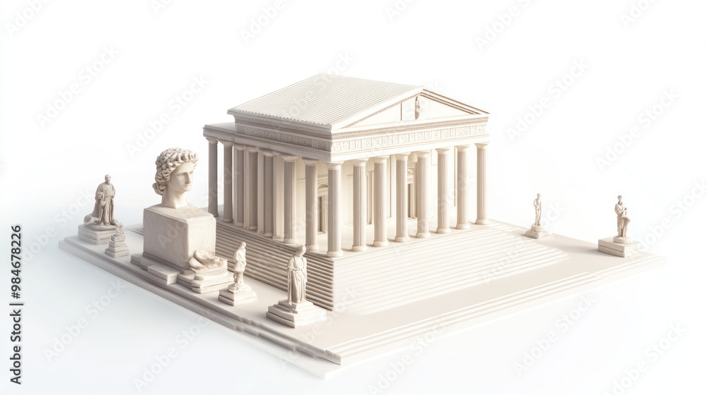 Poster A 3D architectural model of a classical temple with statues.