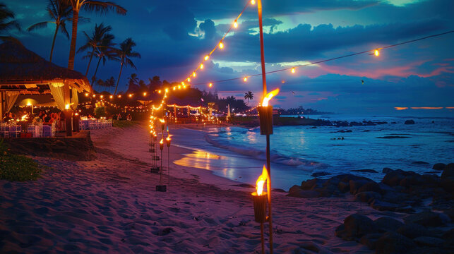 A beachside event at twilight, with tiki torches lining the shore and soft lighting illuminating the waves, setting the scene for a relaxed and festive evening