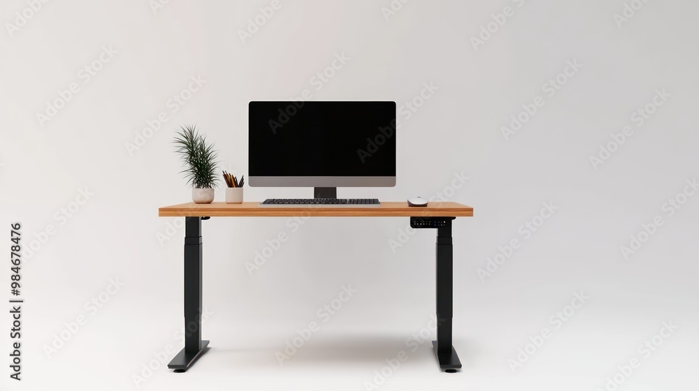 Aufkleber a minimalist workspace featuring a computer on a desk with plants and stationery.
