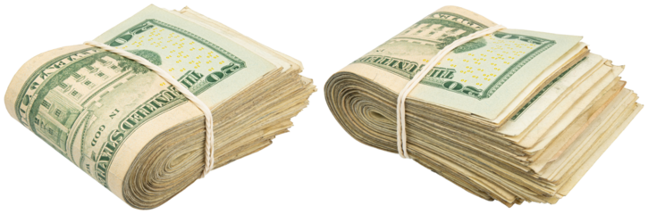 Stack of twenty American bills. Cash wad roll. Money rolled in half with rubber band. Green USA bank notes. USD banking saving 20$ bills. Paper money note. Business success. Rich. Isolated background