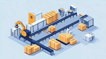 Fototapeta premium Logistics and automation technology, showcasing robots and conveyor systems managing warehouse operations with minimal human intervention