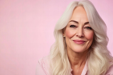 Naklejka premium Elegant portrait of a middle-aged woman, showcasing a confident and sophisticated expression, perfect for themes of beauty, grace, and maturity.