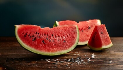 Juicy watermelon slices on a wooden table, glistening with freshness, seeds scattered, eeds scattered, vibrant summer feel