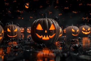 Spooky Halloween Scene with Glowing Jack-o'-Lanterns and Creepy Spiders