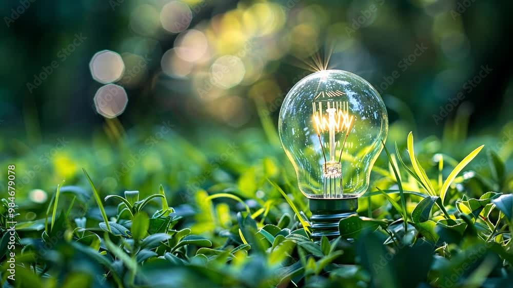 Aufkleber a light bulb stands out in vibrant green grass, glowing softly as the sun sets, casting warm light a