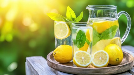 A serving of lemon water in clear glasses and a pitcher rests on a wooden tray, illuminated by sunlight, creating a vibrant and inviting atmosphere