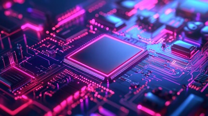 A close-up view of a futuristic circuit board with vibrant pink and blue lighting.