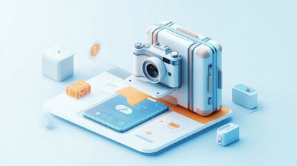 A 3D isometric illustration of a suitcase with a camera, a smartphone, and other travel essentials.