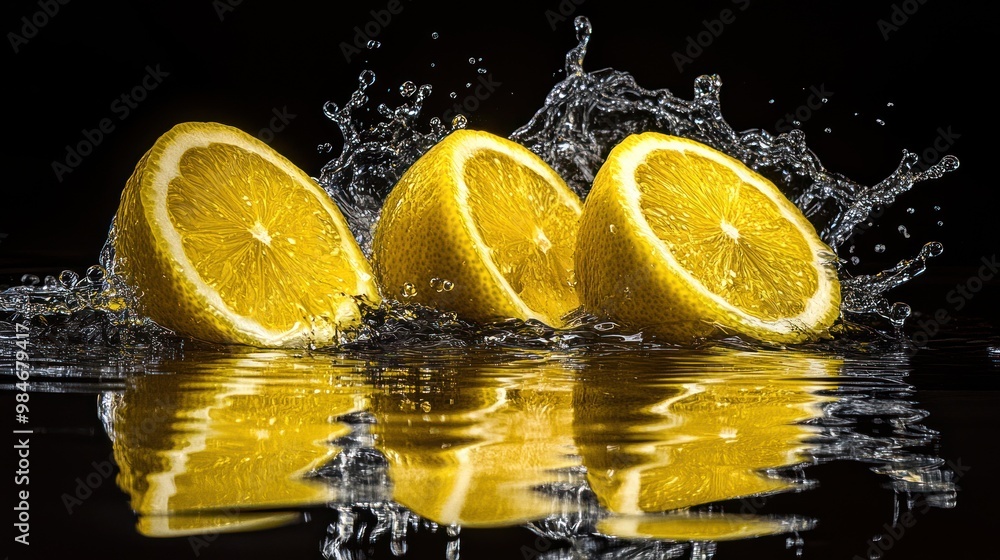 Poster three lemon halves splashing in water, creating a vibrant, refreshing visual effect.