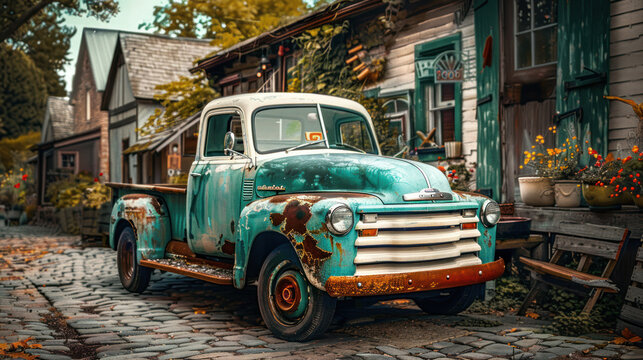 A beautifully maintained vintage truck with a classic teal and white paint job, parked on a cobblestone street in a quaint village, evoking a sense of nostalgia