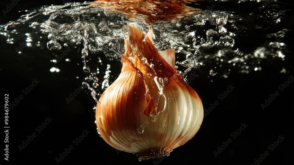 Poster an onion splashes into water, creating dynamic bubbles and ripples.