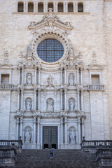 Obraz premium Staircase and main facade, Cathedral of Santa Maria de Gerona, Girona, Catalonia, Spain