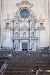 Staircase and main facade, Cathedral of Santa Maria de Gerona, Girona, Catalonia, Spain