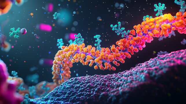 Visual representation of a cell's endoplasmic reticulum with ribosomes attached. Bright colors on a dark background.