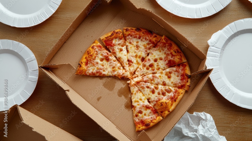 Aufkleber a pizza in a box with some slices missing from it, ai