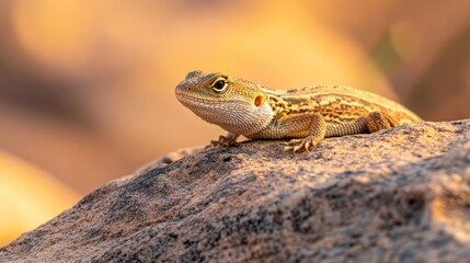 Fototapeta premium A lizard basking on a rock in a warm, natural setting.