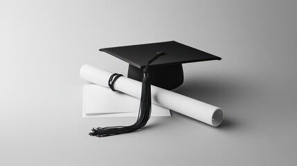Minimalist design of a graduation cap and diploma, simple lines and shapes with a focus on clean aesthetics