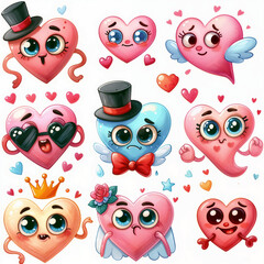 Fototapeta premium Set of cute funny hearts on white background. AI
