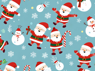 A cheerful, seamless Christmas pattern featuring Santa Claus, snowmen, and candy canes on a light blue background.