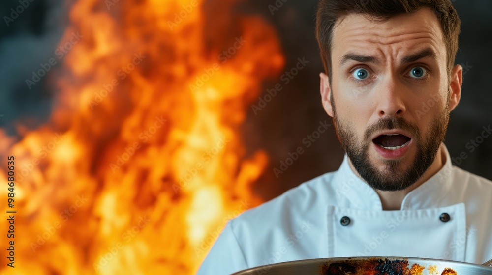 Wall mural A man in a chef's uniform holding up his pan with fire behind him, AI