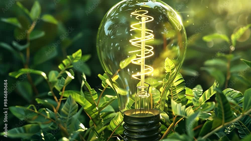 Poster a light bulb emits a warm glow surrounded by vibrant green leaves, with soft sunlight filtering thro