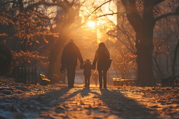 Family Stroll at Sunset in a Serene Park