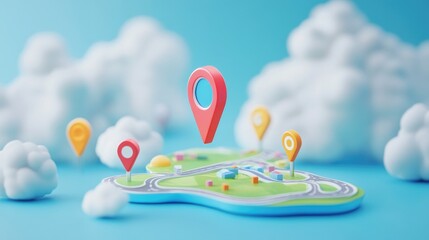 3D illustration of a map with a red pin on a blue background, representing location and navigation.