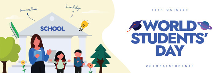 World Students Day cover banner. 15th October Students day cover banner with teacher, kids in front of school building. The day honour the birthday of Dr. Abdul Kalam who was supporter of education.