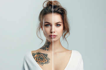 Before and After Tattoo Removal. Woman before and after laser tattoo removal procedures, closeup comparison collage. Cosmetic procedure for smooth and clean healthy skin