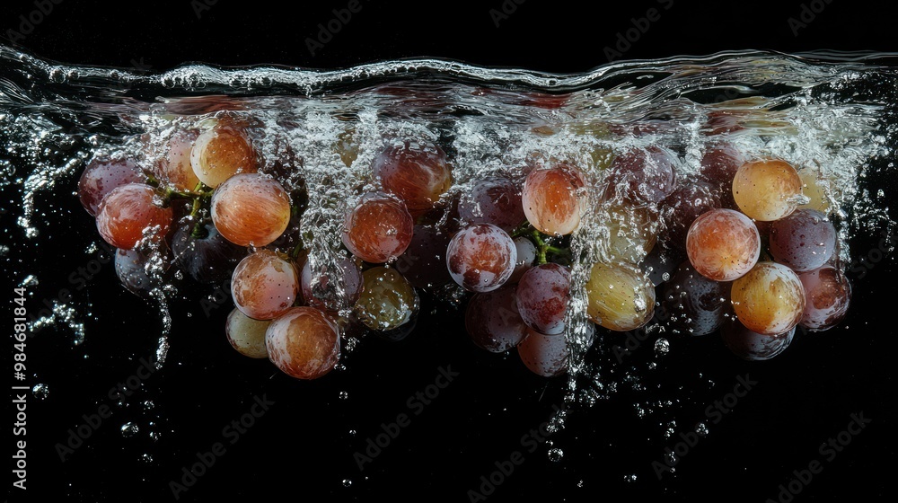 Poster Grapes submerged in water, creating bubbles and a visually appealing effect.