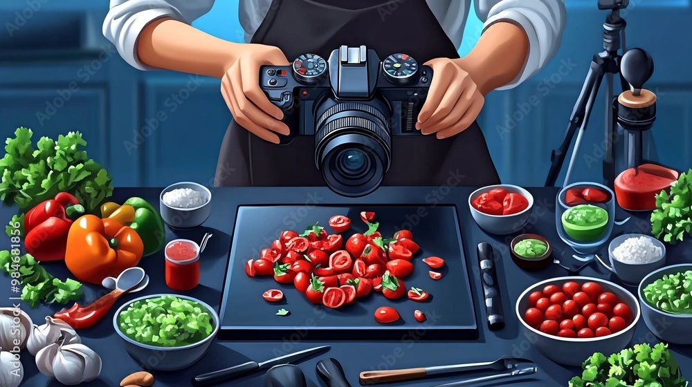 Aufkleber food influencer preparing a smoothie using a blender, with ingredients and kitchen tools spread on t