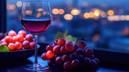 A glass of red wine beside fresh grapes, set against a blurred cityscape at dusk.