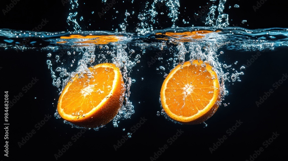 Poster two orange halves splashing into water, creating bubbles in a dark background.
