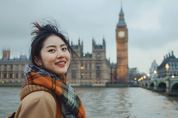 Smiling Woman in Front of Big Ben and the Houses of Parliament on a Cloudy Day