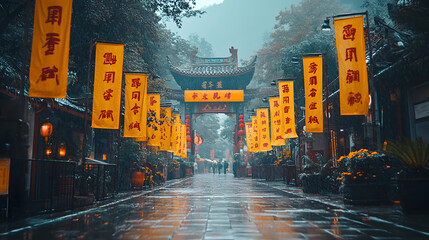 Obraz premium Explore a vibrant street lined with yellow banners and blooming flowers, creating a serene atmosphere after the rain.