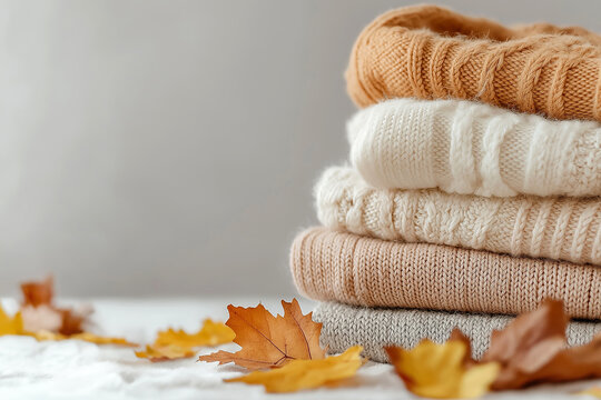 Stack of colorful knitted sweaters. Folded soft sweaters with autumn leaves on neutral background with copy space. Hello Autumn concept. Autumn clothes, fashion and sale, knitting