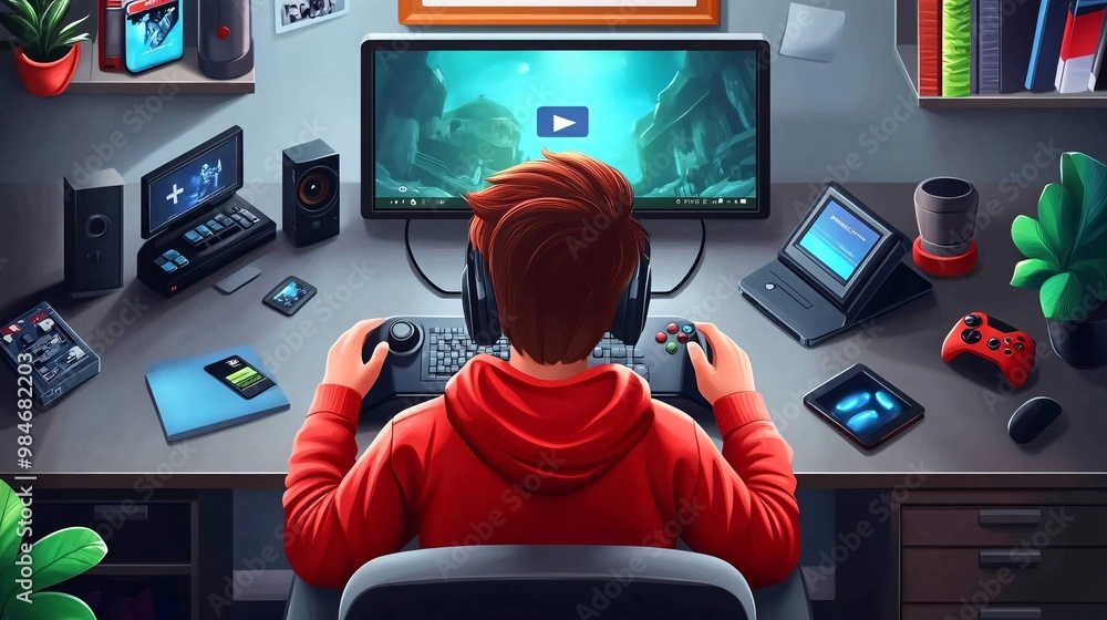Aufkleber Tech influencer setting up a gaming console for review in front of a camera. Isometric view of the desk with gaming accessories visible in the frame. Large space for text in center Stock Photo with