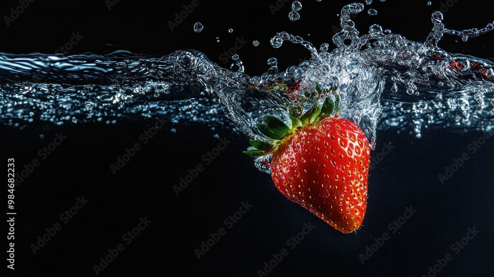 Poster A strawberry splashes into water, creating dynamic bubbles and ripples.