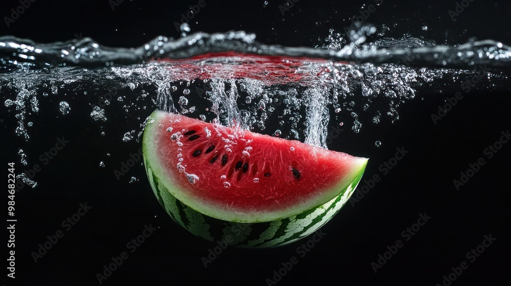 Poster a slice of watermelon submerged in water, creating bubbles and ripples.