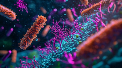 Diagram of a bacterial quorum sensing, showing signaling molecules. Dark backdrop with bright annotations.