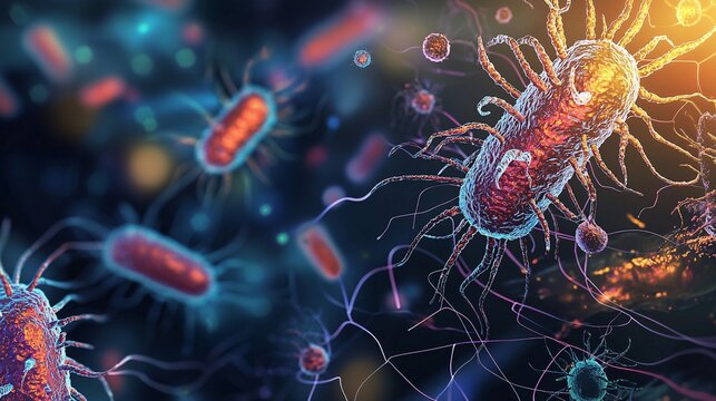 Diagram of a bacterial quorum sensing, showing signaling molecules. Dark backdrop with bright annotations.